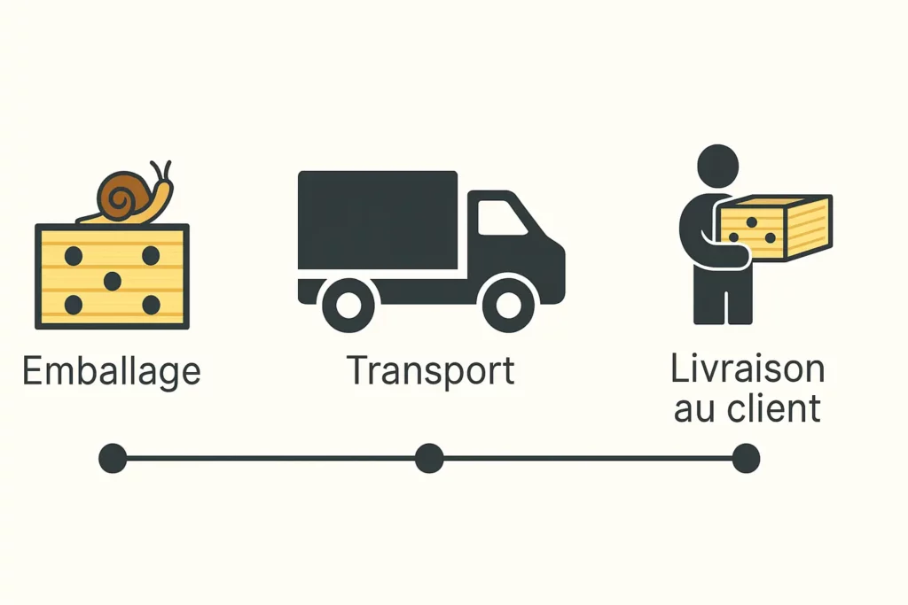 Infographie en design plat illustrant les étapes du processus d'expédition des escargots: emballage, transport et livraison au client