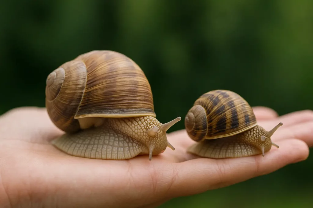Deux escargots comestibles Helix aspersa maxima et muller sur une main – comparaison Gros Gris vs Petit Gris