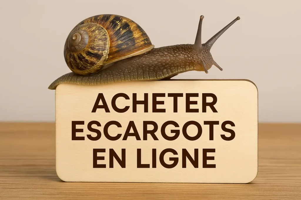 Escargot Helix Aspersa se déplaçant sur une étiquette avec le texte “acheter escargots en ligne”