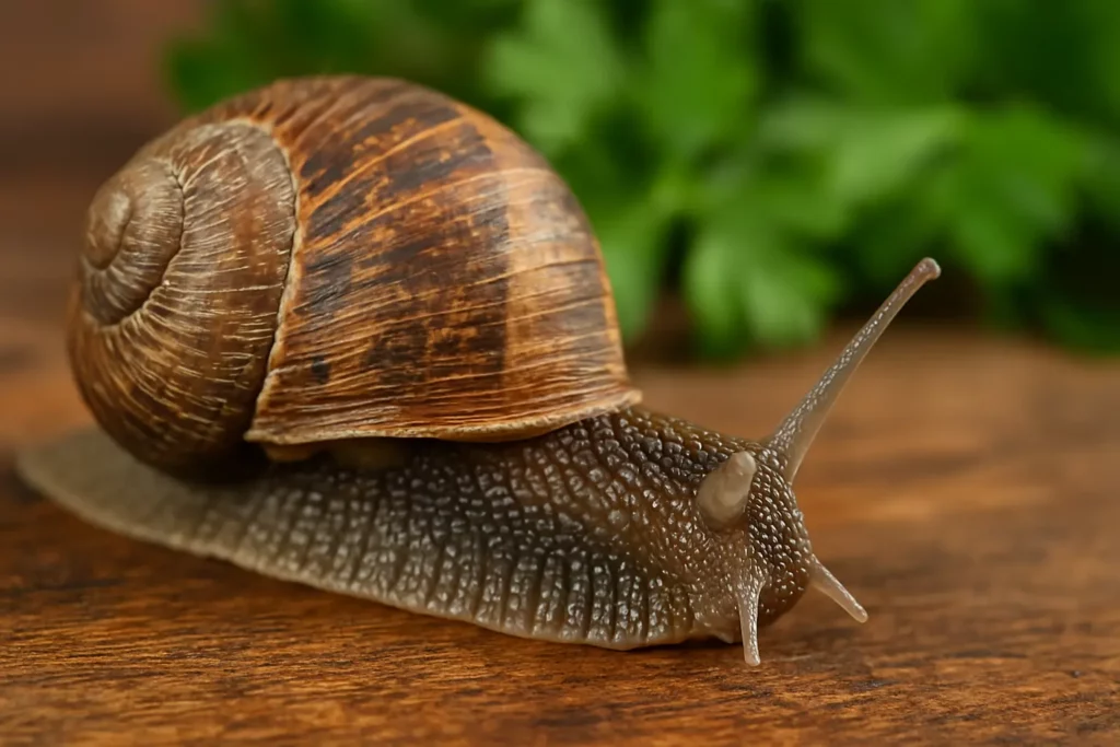 Escargot Helix Aspersa Maxima vivant sur bois – gros-gris comestible élevé en Europe