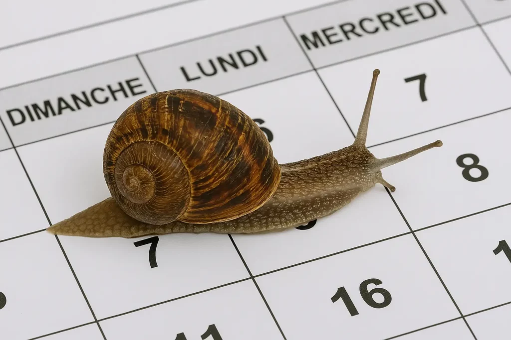 Escargot Helix Aspersa marchant sur un calendrier en français, symbolisant le temps et la planification des livraisons.
