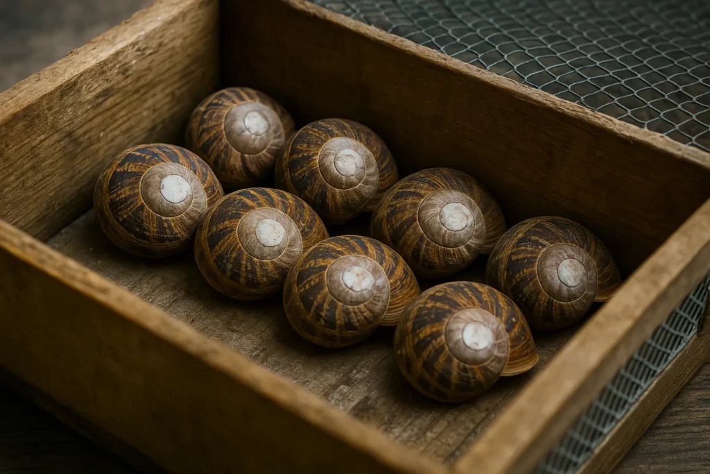 Hibernation escargots élevage – escargots vivants endormis en caisses en bois dans une chambre froide naturelle