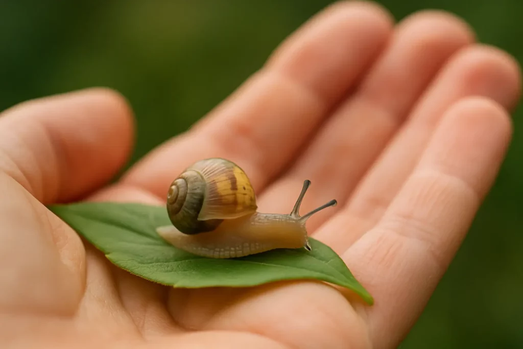 Jeune escargot Helix Aspersa sur une feuille verte dans la main – début du cycle de vie escargot