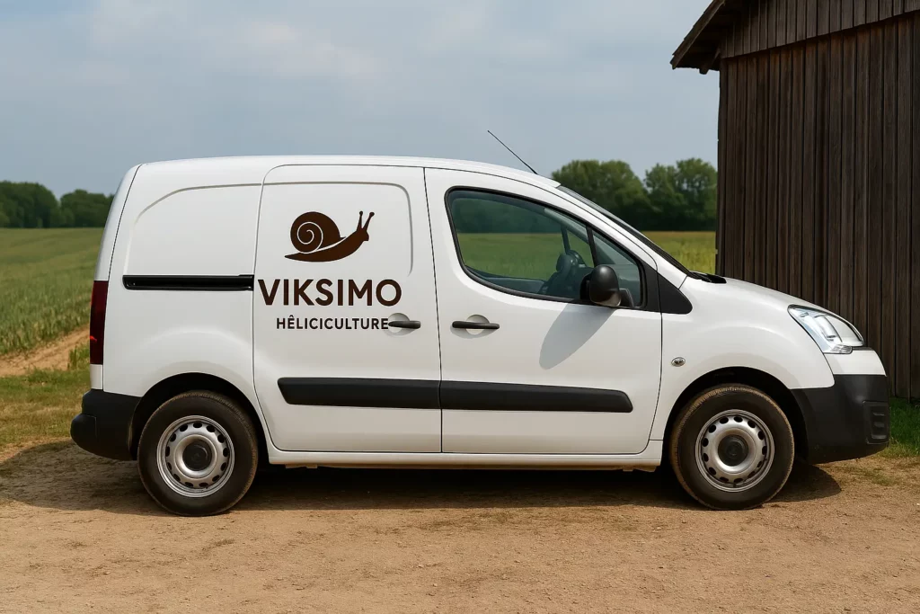 Véhicule de livraison artisanale des escargots vivants, devant la ferme