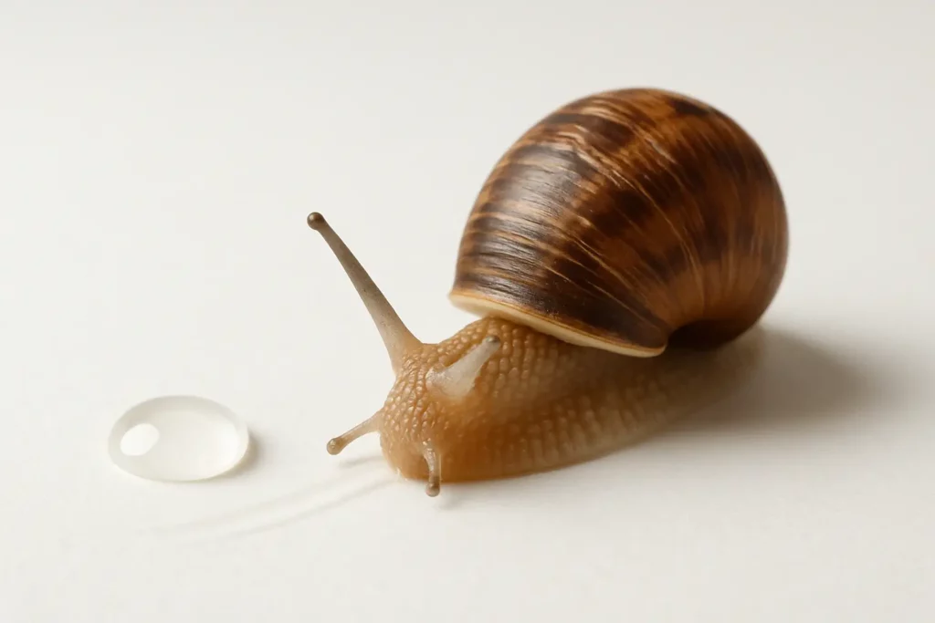 escargot et goutte de mucus sur fond clair pour cosmétique naturelle