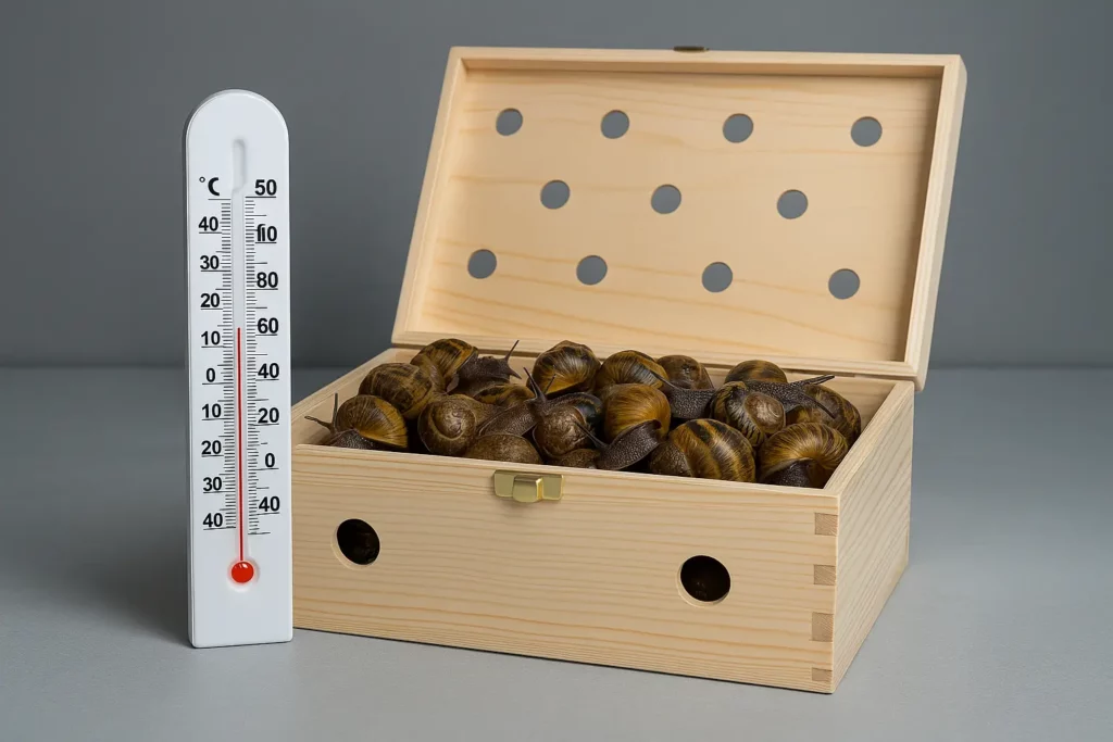 Boîte en bois avec escargots vivants à côté d’un thermomètre affichant 5°C