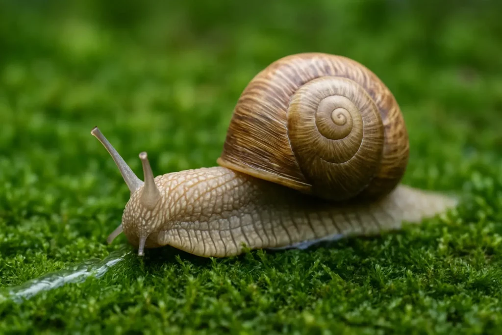 trace de mucus escargot sur mousse verte