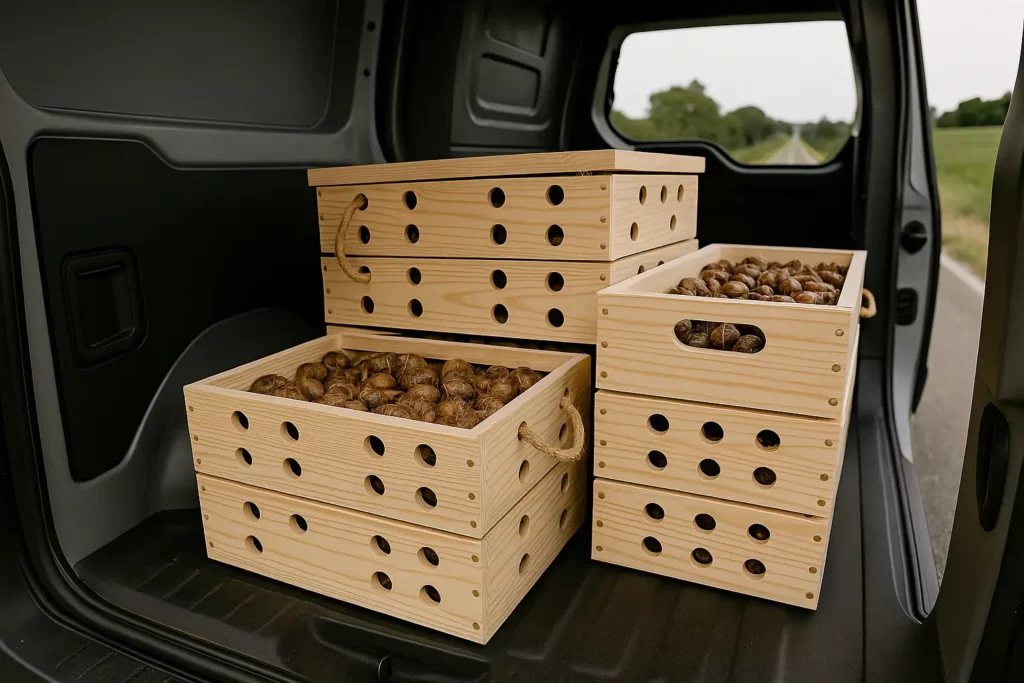 Intérieur d'un camion de livraison avec des caisses en bois contenant des escargots vivants, prêt pour l’expédition du lundi.