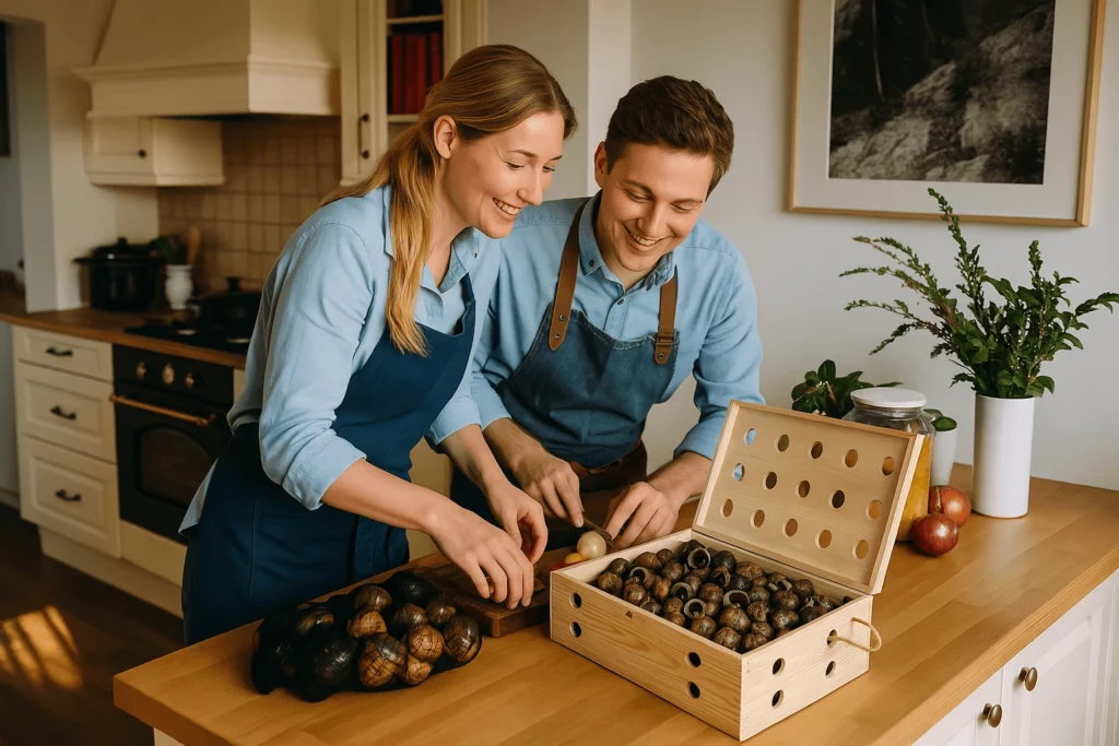 Boîtes en bois remplies d’escargots vivants en hibernation, prêtes à être livrées