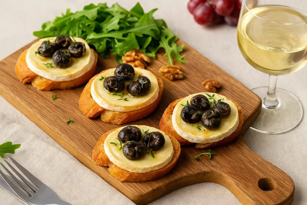 planche rustique avec tartines escargots, vin blanc et salade